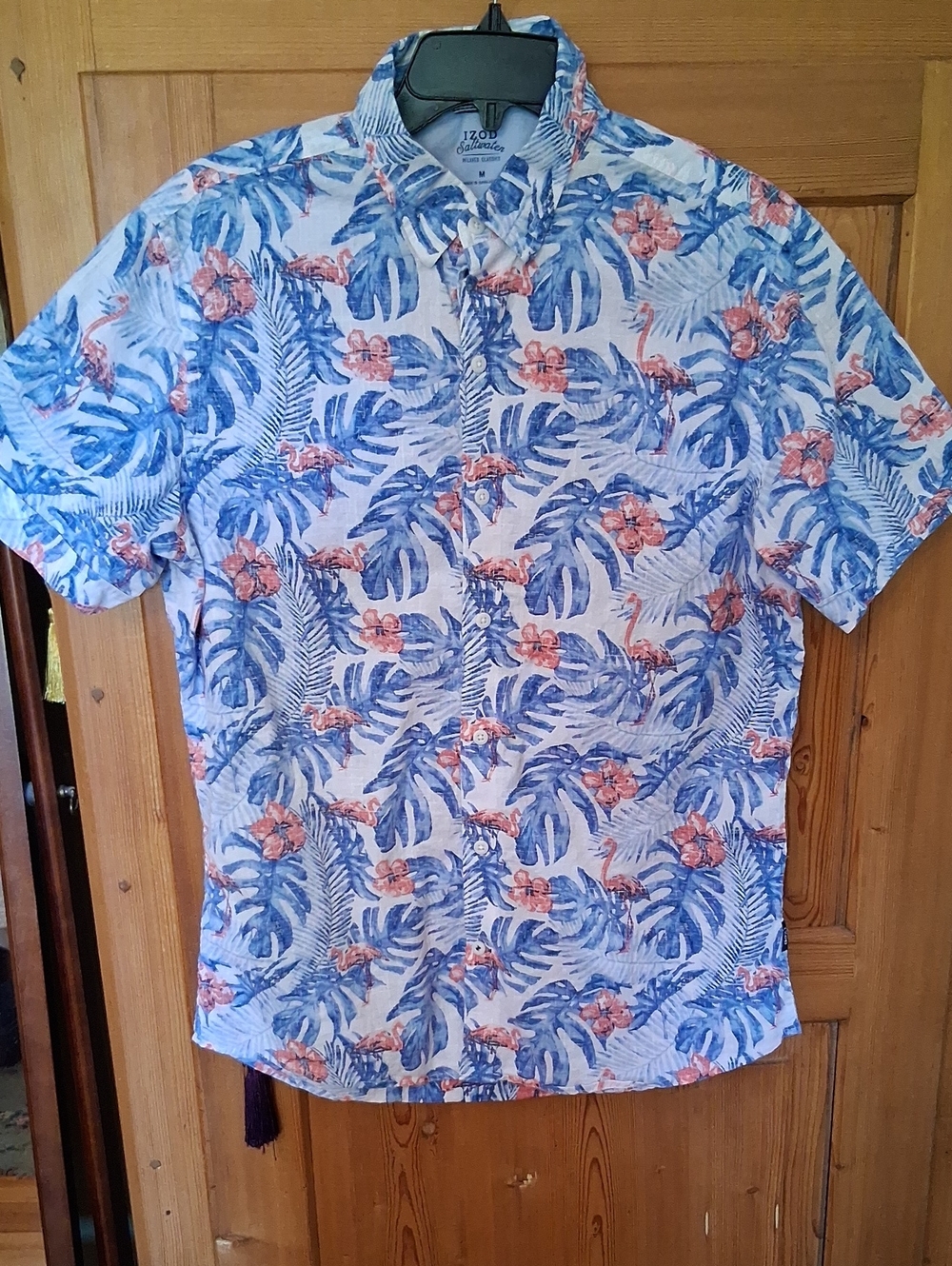 Izod Blue and Coral Tropical Print Short-Sleeve Shirt
